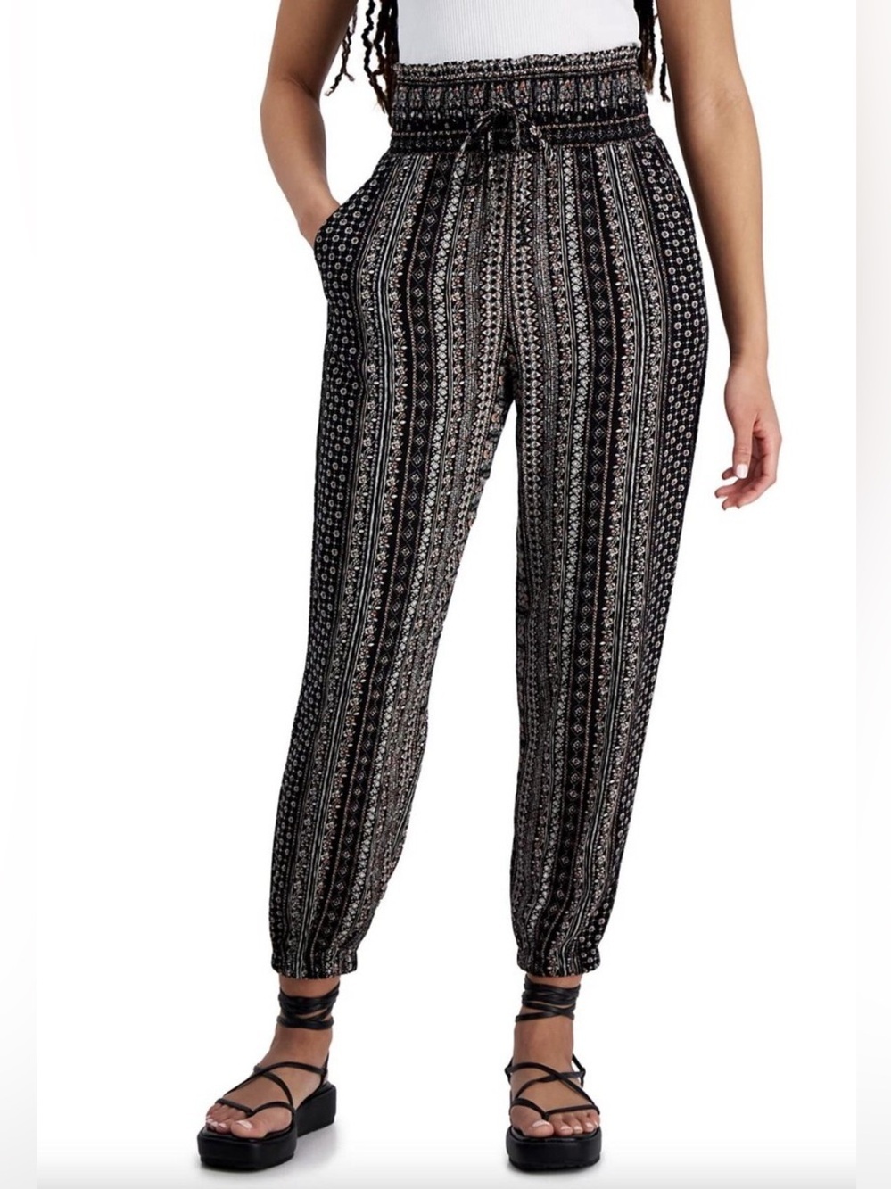 Boho Smocked Jogger Pants Black Floral Print Hippie Size Small Festival